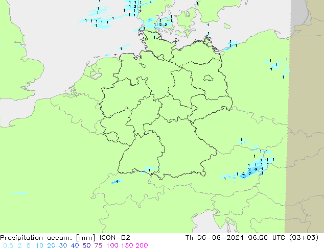 Precipitación acum. ICON-D2 jue 06.06.2024 06 UTC