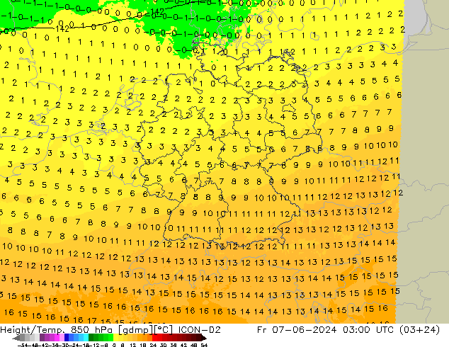Yükseklik/Sıc. 850 hPa ICON-D2 Cu 07.06.2024 03 UTC