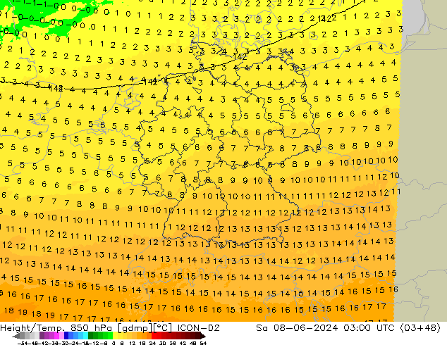 Height/Temp. 850 hPa ICON-D2 Sa 08.06.2024 03 UTC