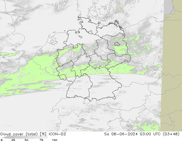 Cloud cover (total) ICON-D2 Sa 08.06.2024 03 UTC