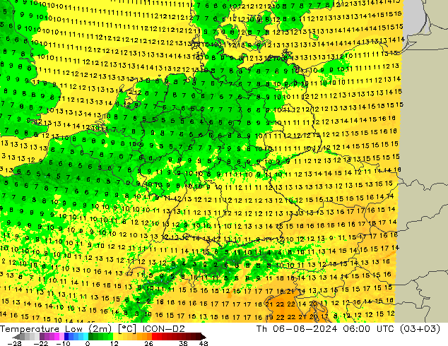 Temperatura mín. (2m) ICON-D2 jue 06.06.2024 06 UTC