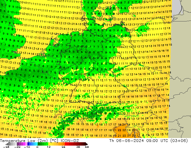 Temp. minima (2m) ICON-D2 gio 06.06.2024 09 UTC
