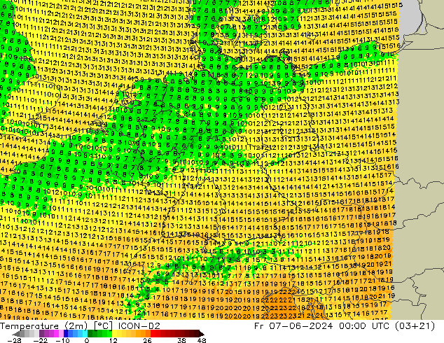 Temperature (2m) ICON-D2 Fr 07.06.2024 00 UTC