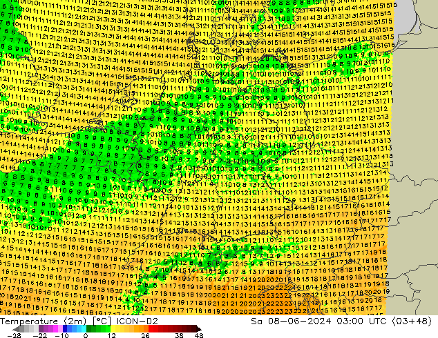 Temperatura (2m) ICON-D2 sab 08.06.2024 03 UTC