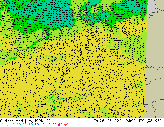 Surface wind ICON-D2 Th 06.06.2024 06 UTC