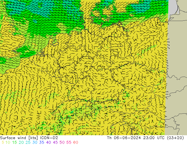 Wind 10 m ICON-D2 do 06.06.2024 23 UTC