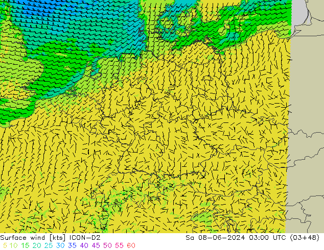 Vento 10 m ICON-D2 sab 08.06.2024 03 UTC