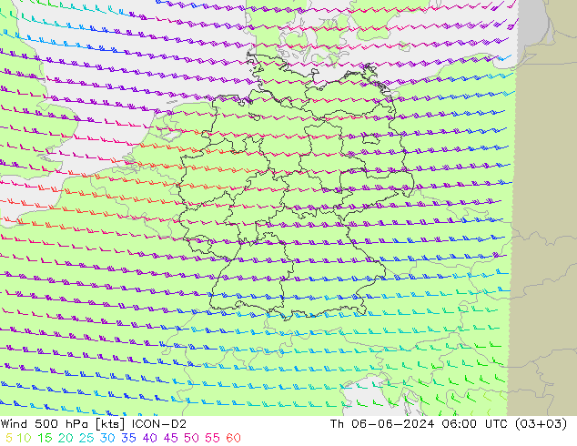 Wind 500 hPa ICON-D2 Čt 06.06.2024 06 UTC