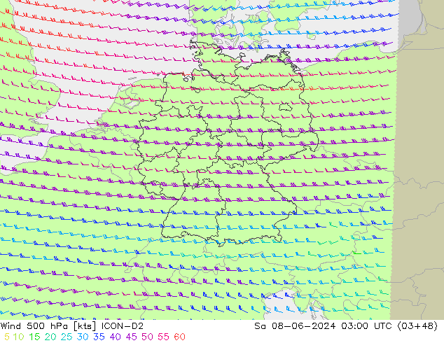 Vent 500 hPa ICON-D2 sam 08.06.2024 03 UTC