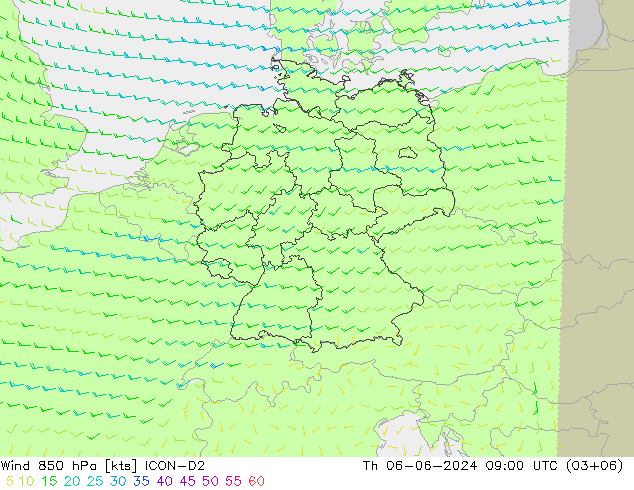 Wind 850 hPa ICON-D2 Čt 06.06.2024 09 UTC