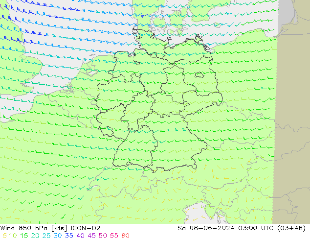 Wind 850 hPa ICON-D2 Sa 08.06.2024 03 UTC