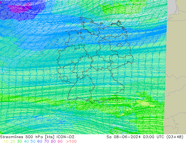 Streamlines 500 hPa ICON-D2 Sa 08.06.2024 03 UTC