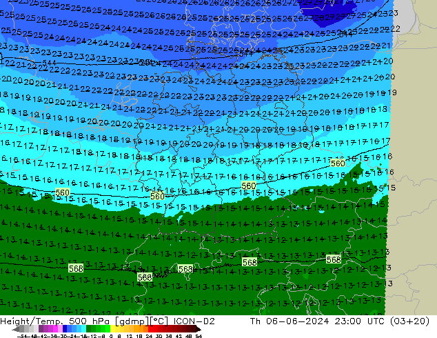 Height/Temp. 500 hPa ICON-D2 Čt 06.06.2024 23 UTC