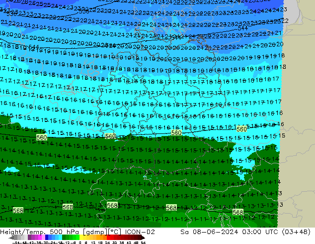 Height/Temp. 500 hPa ICON-D2 Sa 08.06.2024 03 UTC