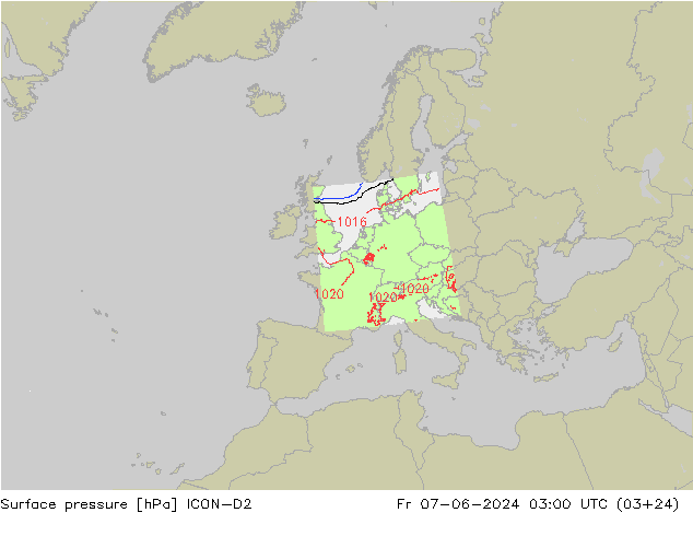 Presión superficial ICON-D2 vie 07.06.2024 03 UTC