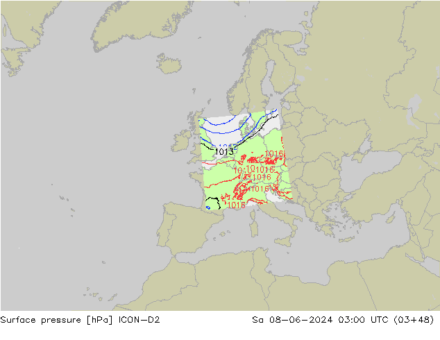 Presión superficial ICON-D2 sáb 08.06.2024 03 UTC