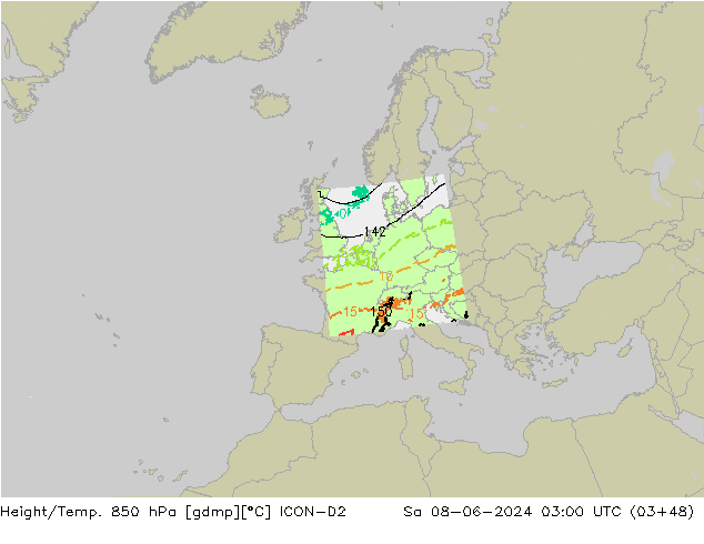 Yükseklik/Sıc. 850 hPa ICON-D2 Cts 08.06.2024 03 UTC