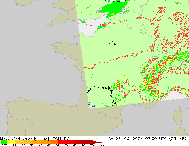 Max. wind velocity ICON-D2 Sáb 08.06.2024 03 UTC