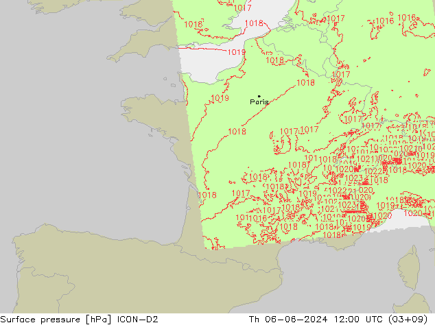 Surface pressure ICON-D2 Th 06.06.2024 12 UTC