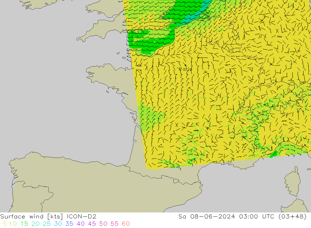 Vento 10 m ICON-D2 sab 08.06.2024 03 UTC