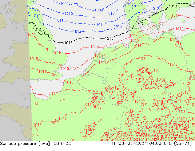 Surface pressure ICON-D2 Th 06.06.2024 04 UTC