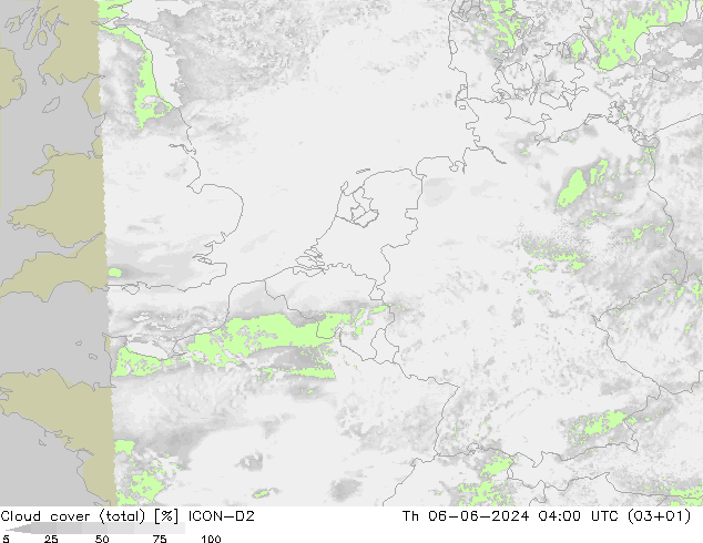 Cloud cover (total) ICON-D2 Th 06.06.2024 04 UTC