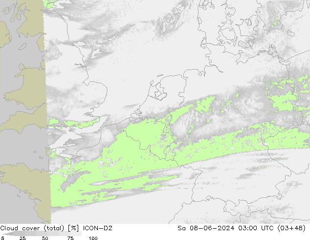 nuvens (total) ICON-D2 Sáb 08.06.2024 03 UTC