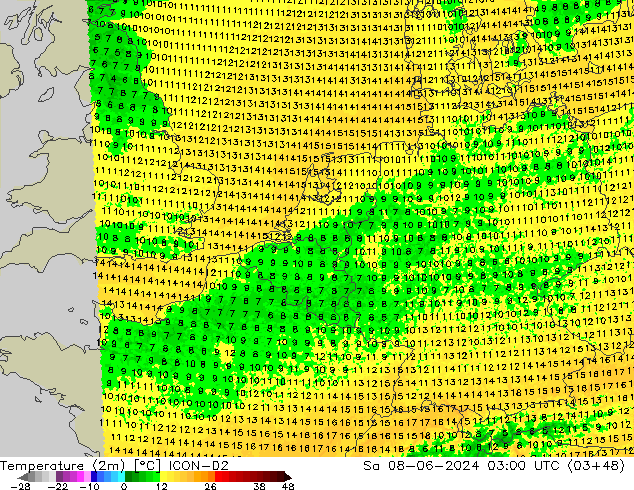 température (2m) ICON-D2 sam 08.06.2024 03 UTC