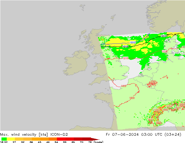 Max. wind velocity ICON-D2 ven 07.06.2024 03 UTC