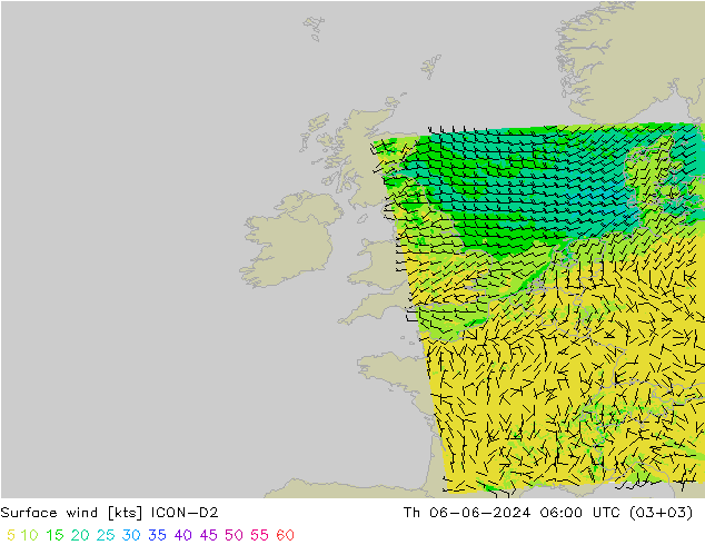 Surface wind ICON-D2 Th 06.06.2024 06 UTC