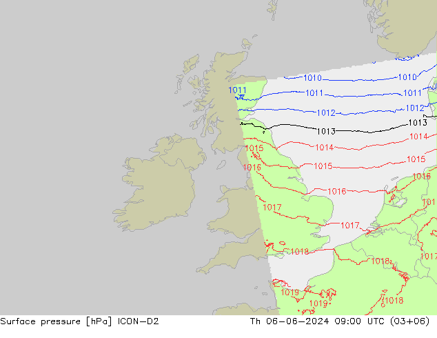 Surface pressure ICON-D2 Th 06.06.2024 09 UTC