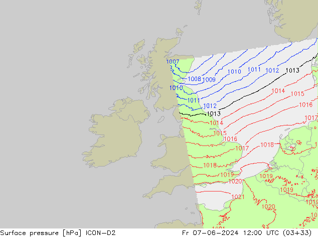 Surface pressure ICON-D2 Fr 07.06.2024 12 UTC