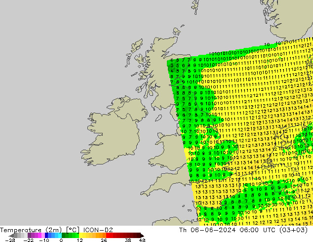 Temperatura (2m) ICON-D2 gio 06.06.2024 06 UTC