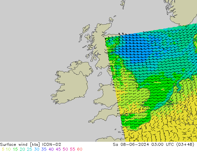 Vent 10 m ICON-D2 sam 08.06.2024 03 UTC