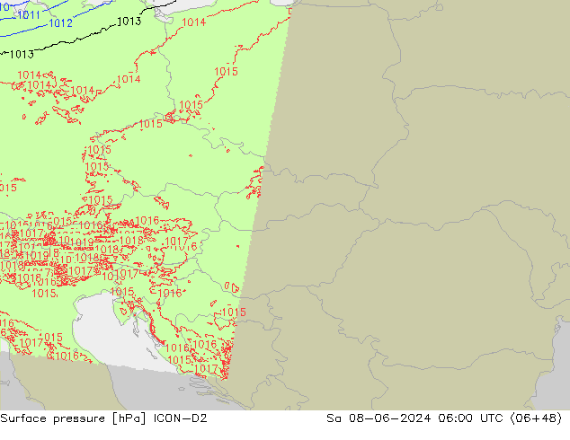 Pressione al suolo ICON-D2 sab 08.06.2024 06 UTC