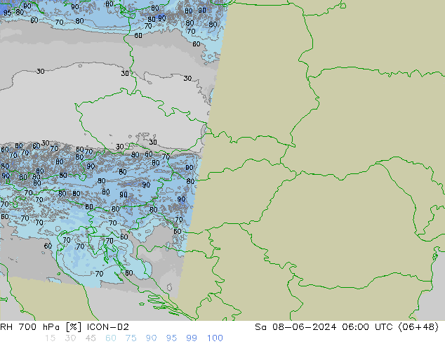 RH 700 hPa ICON-D2 Sáb 08.06.2024 06 UTC