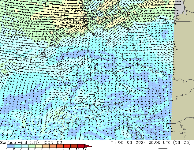 Surface wind (bft) ICON-D2 Čt 06.06.2024 09 UTC