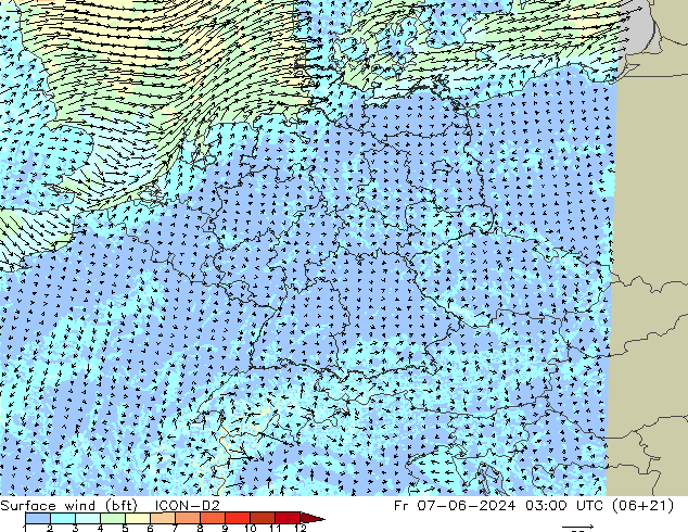 Bodenwind (bft) ICON-D2 Fr 07.06.2024 03 UTC