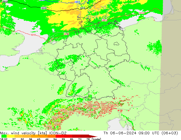 Max. wind snelheid ICON-D2 do 06.06.2024 09 UTC