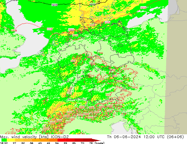 Max. wind velocity ICON-D2 Th 06.06.2024 12 UTC