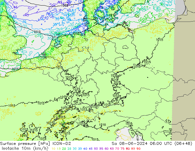 Isotachs (kph) ICON-D2 So 08.06.2024 06 UTC