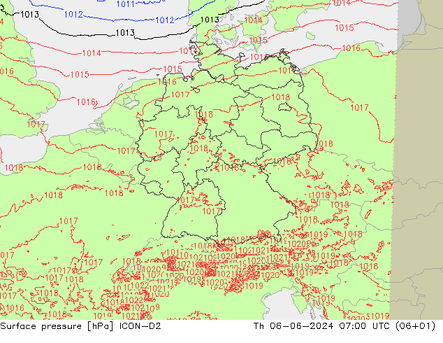 Presión superficial ICON-D2 jue 06.06.2024 07 UTC