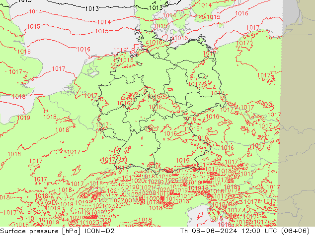 Surface pressure ICON-D2 Th 06.06.2024 12 UTC