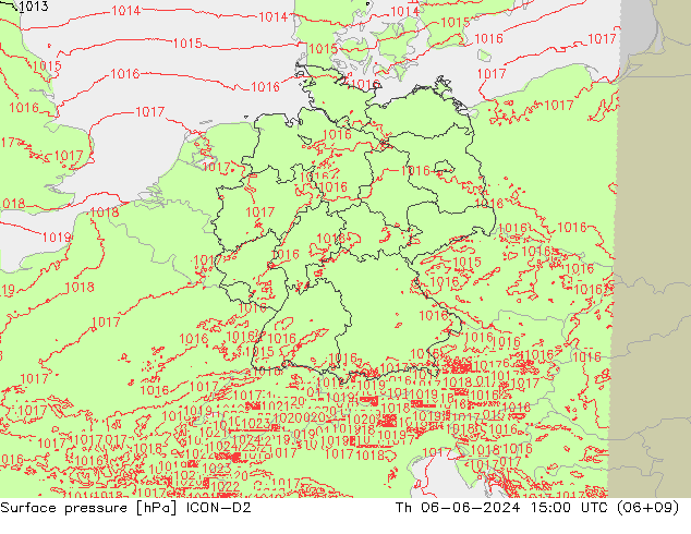 Surface pressure ICON-D2 Th 06.06.2024 15 UTC