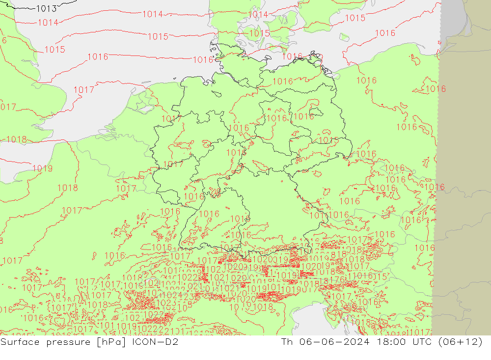 pression de l'air ICON-D2 jeu 06.06.2024 18 UTC