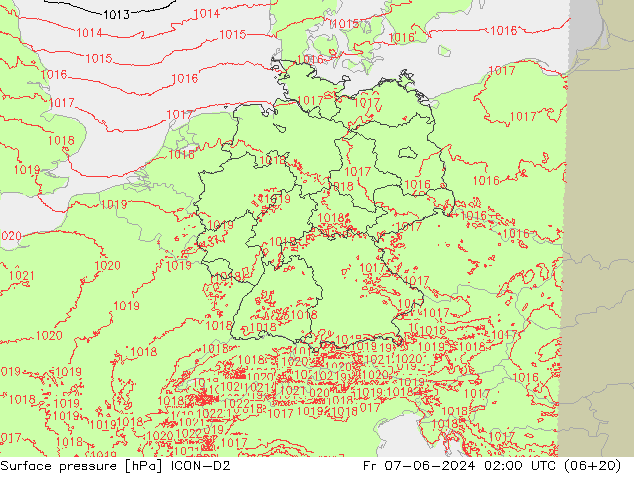 pression de l'air ICON-D2 ven 07.06.2024 02 UTC