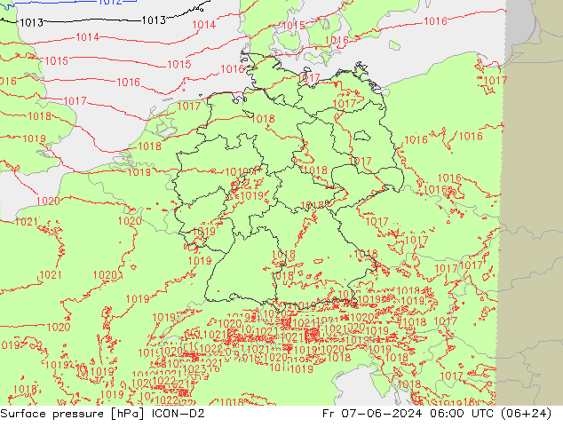 Pressione al suolo ICON-D2 ven 07.06.2024 06 UTC