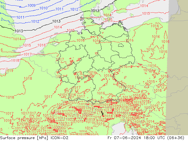 Atmosférický tlak ICON-D2 Pá 07.06.2024 18 UTC