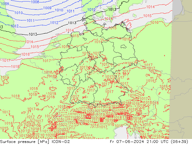 Surface pressure ICON-D2 Fr 07.06.2024 21 UTC