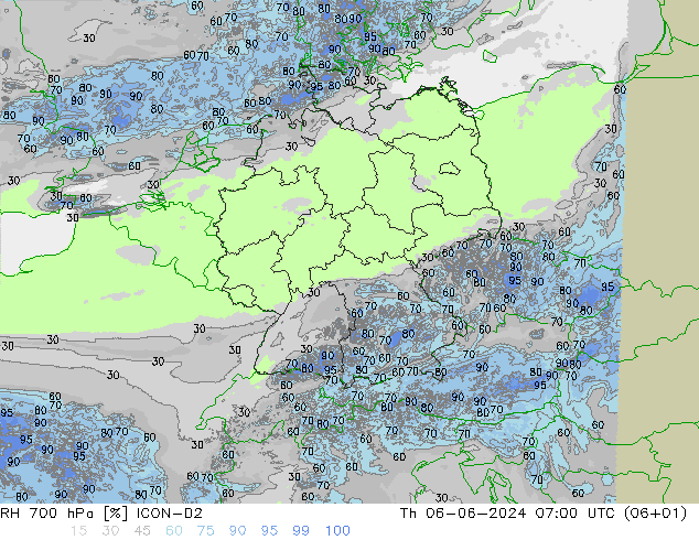 RH 700 hPa ICON-D2 Th 06.06.2024 07 UTC